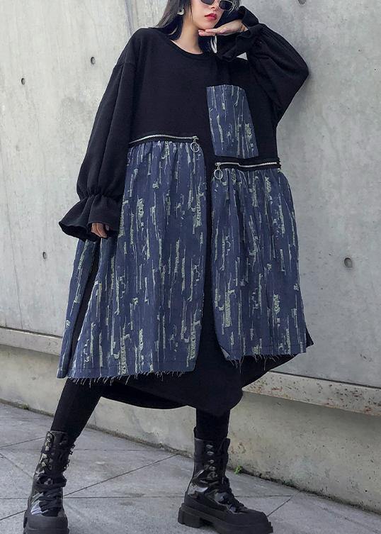 Loose Black Cotton Dresses Patchwork Thick O Neck Maxi Dress