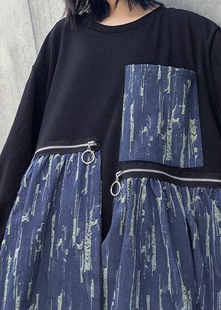 Loose Black Cotton Dresses Patchwork Thick O Neck Maxi Dress