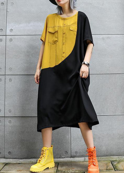 Loose Black Cotton Quilting Clothes O Neck Patchwork Robes Summer Dresses