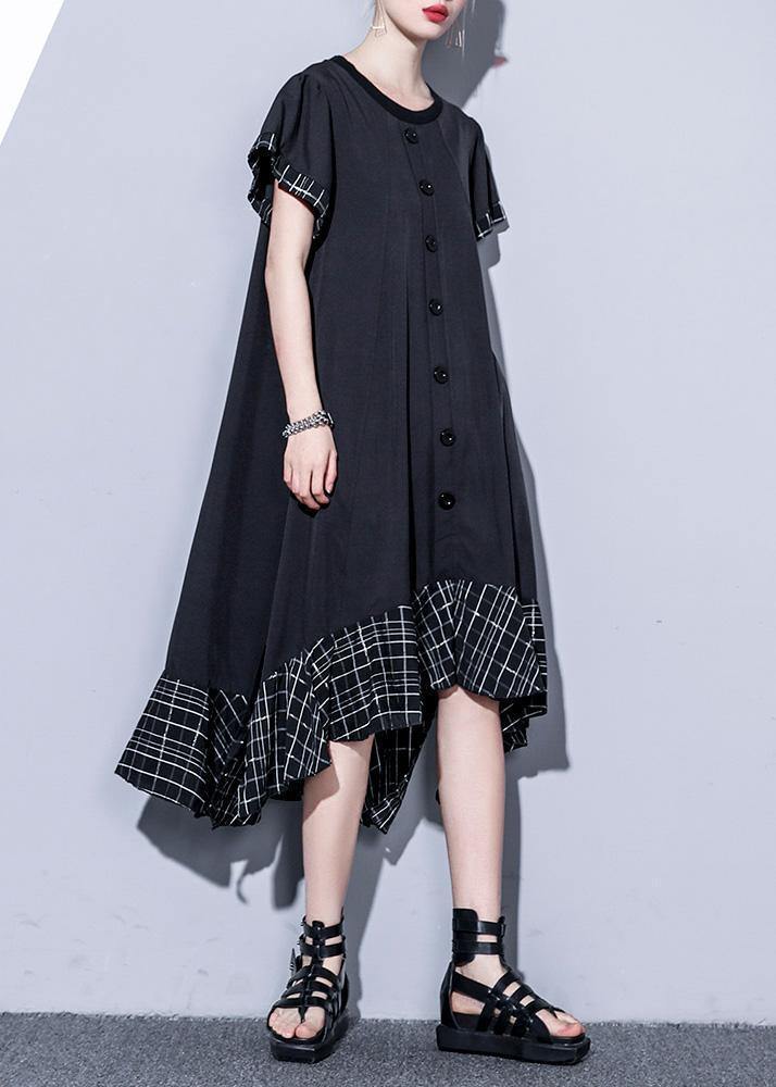 Loose Black Cotton Quilting Clothes Patchwork Plaid Hem Summer Dress