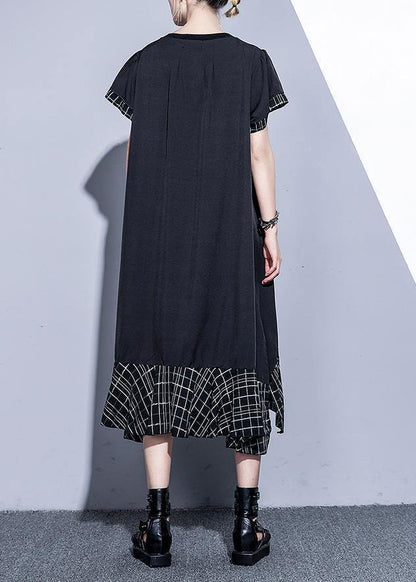 Loose Black Cotton Quilting Clothes Patchwork Plaid Hem Summer Dress