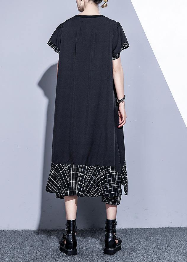 Loose Black Cotton Quilting Clothes Patchwork Plaid Hem Summer Dress