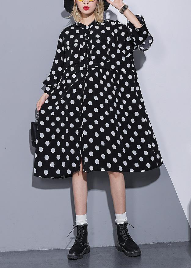 Loose Black Dotted Silk Cotton Quilting Clothes Square Collar Summer Dress