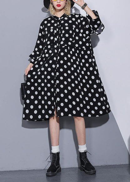 Loose Black Dotted Silk Cotton Quilting Clothes Square Collar Summer Dress
