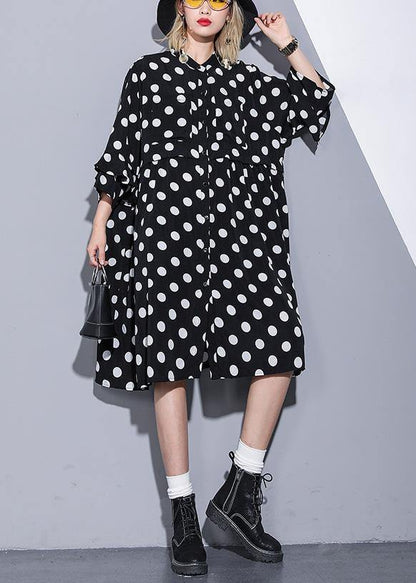 Loose Black Dotted Silk Cotton Quilting Clothes Square Collar Summer Dress