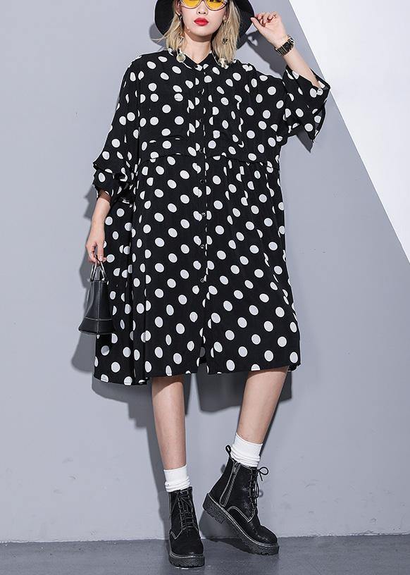 Loose Black Dotted Silk Cotton Quilting Clothes Square Collar Summer Dress