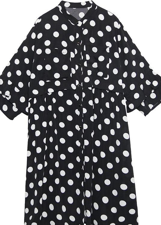 Loose Black Dotted Silk Cotton Quilting Clothes Square Collar Summer Dress