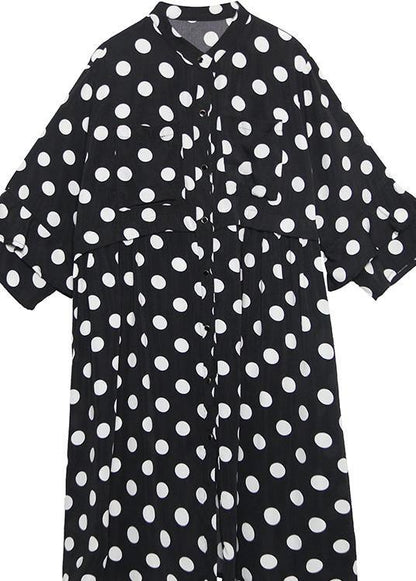 Loose Black Dotted Silk Cotton Quilting Clothes Square Collar Summer Dress
