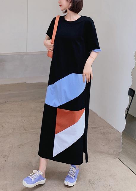 Loose Black Dress O Neck Geometric Patchwork Dresses
