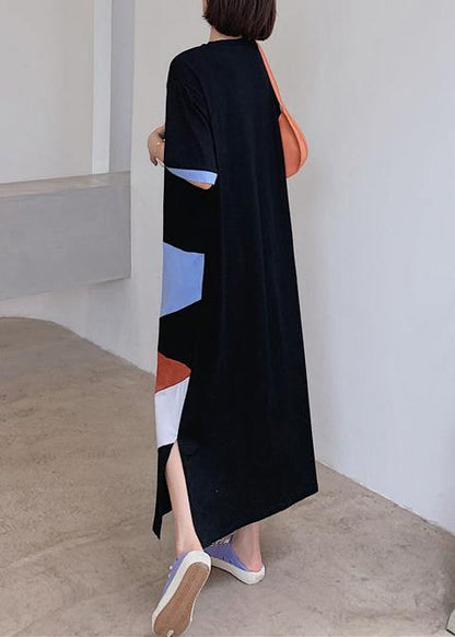 Loose Black Dress O Neck Geometric Patchwork Dresses