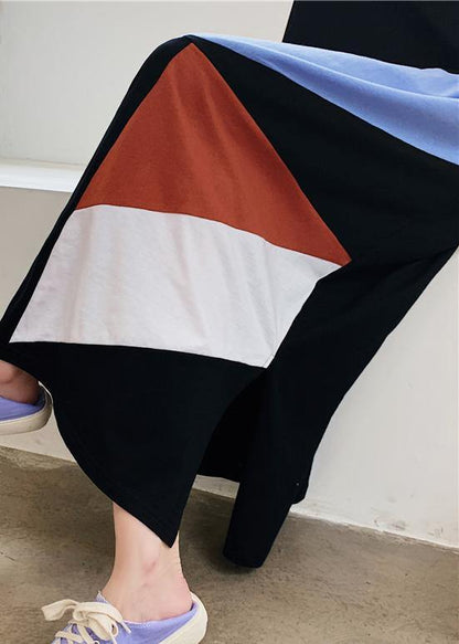 Loose Black Dress O Neck Geometric Patchwork Dresses