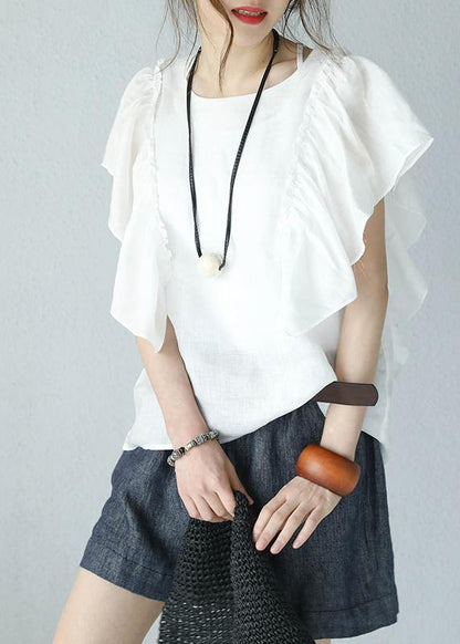 Loose Black Linen Shirts O Neck Butterfly Sleeve Short Summer Top