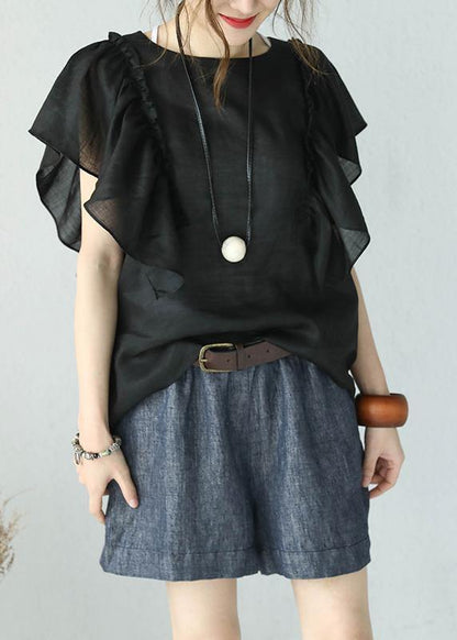 Loose Black Linen Shirts O Neck Butterfly Sleeve Short Summer Top