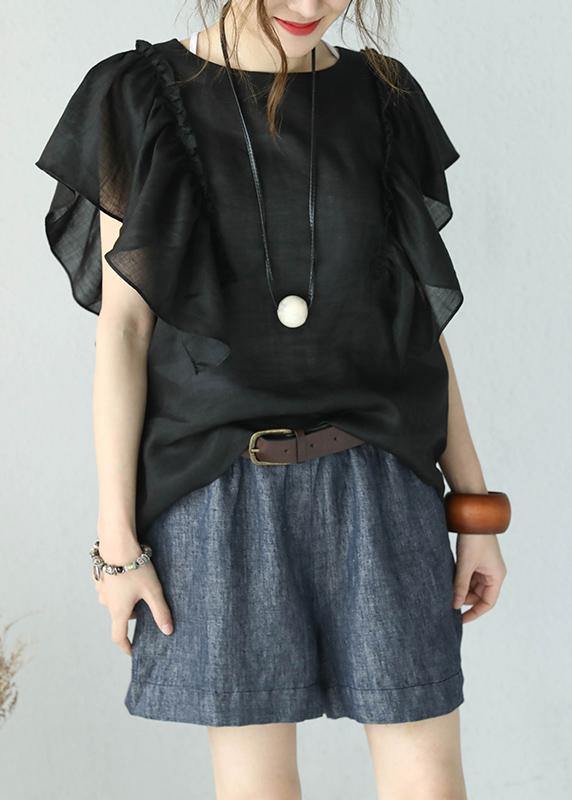 Loose Black Linen Shirts O Neck Butterfly Sleeve Short Summer Top