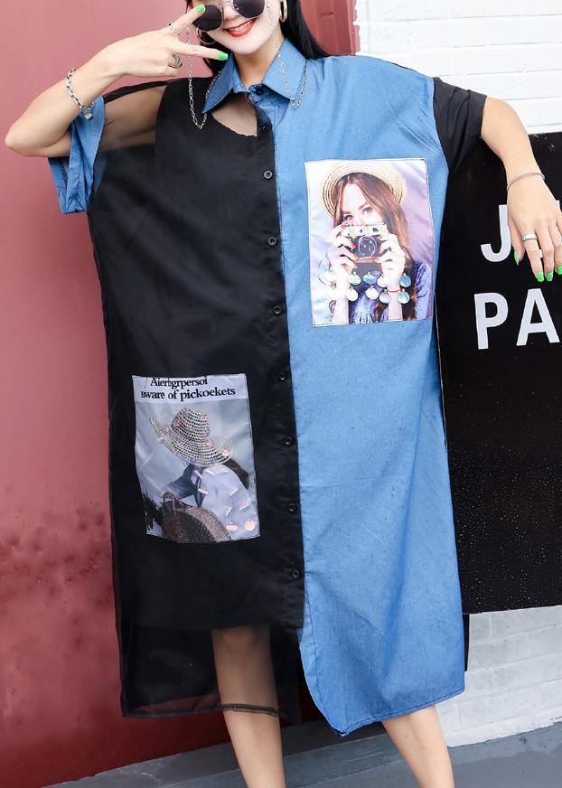 Loose Black Patchwork Blended Clothes for Prints Maxi Summer Shirt Dresses