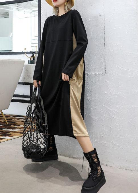 Loose Black Patchwork Khaki Cotton Outfit O Neck Cotton Fall Dresses