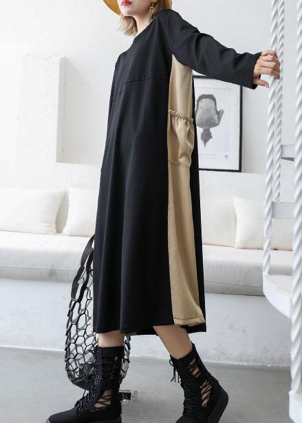 Loose Black Patchwork Khaki Cotton Outfit O Neck Cotton Fall Dresses