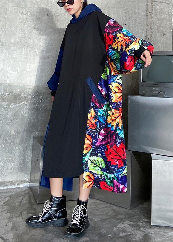 Loose Black Patchwork Print Quilting Clothes Hooded Pockets Dress