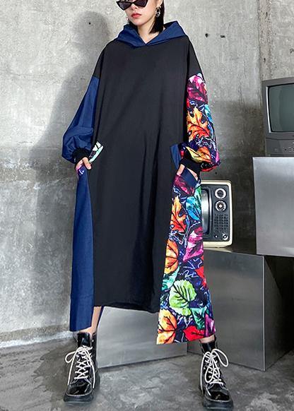 Loose Black Patchwork Print Quilting Clothes Hooded Pockets Dress