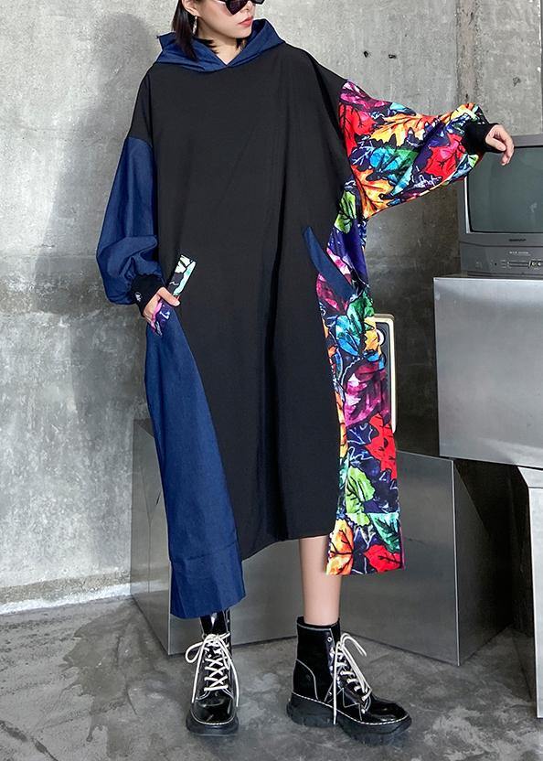 Loose Black Patchwork Print Quilting Clothes Hooded Pockets Dress
