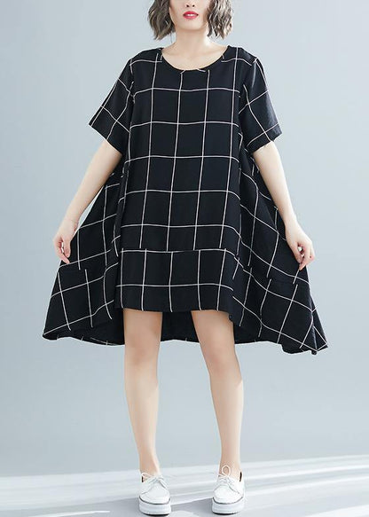 Loose Black Plaid Cotton Clothes Tutorials Low High Design Tunic Summer Dress