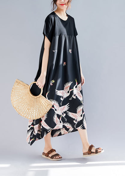Loose Black Print Linen Clothes Shirts O Neck Asymmetric Long Summer Dress