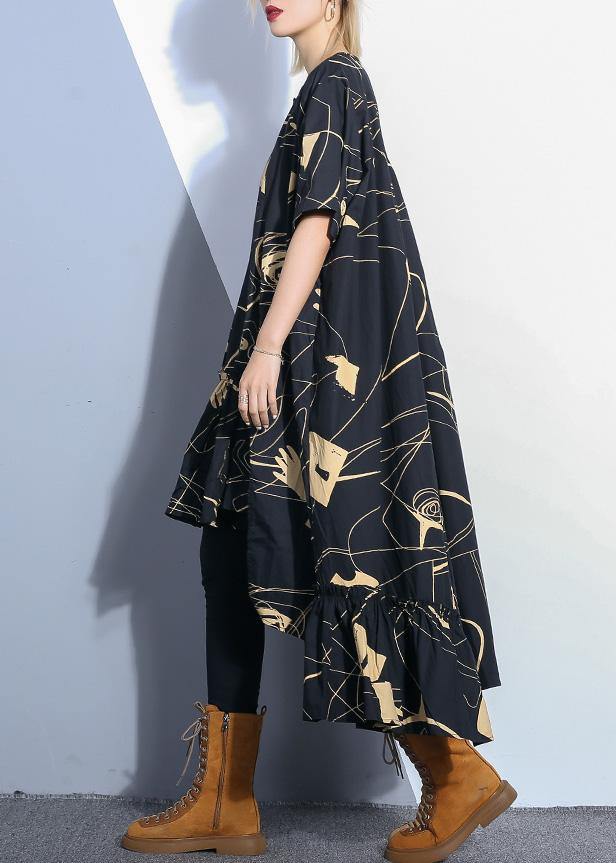 Loose Black Prints Cotton Dresses Low High Design Daily Summer Dress