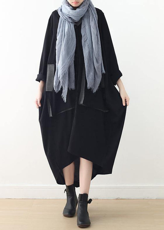 Loose Black Quilting Clothes V Neck Patchwork Maxi Fall Dresses