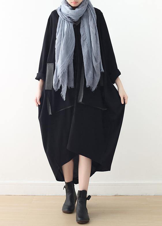 Loose Black Quilting Clothes V Neck Patchwork Maxi Fall Dresses
