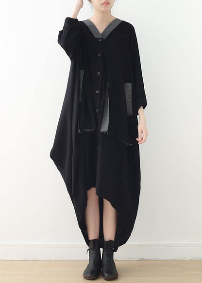 Loose Black Quilting Clothes V Neck Patchwork Maxi Fall Dresses