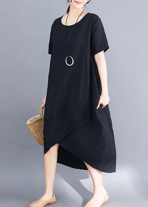Loose Black Short Sleeve Cotton Clothes Asymmetric Patchwork Summer Dresses
