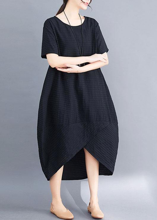Loose Black Short Sleeve Cotton Clothes Asymmetric Patchwork Summer Dresses