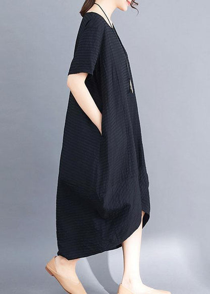 Loose Black Short Sleeve Cotton Clothes Asymmetric Patchwork Summer Dresses