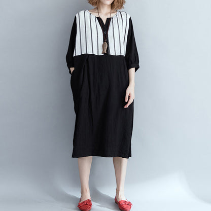 Loose Black Striped Cotton Clothes Outfits Patchwork Dress