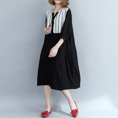 Loose Black Striped Cotton Clothes Outfits Patchwork Dress