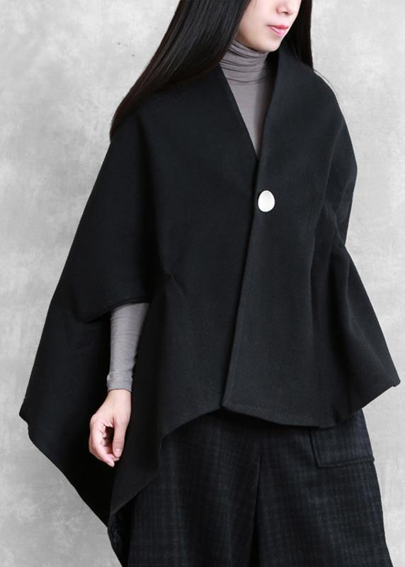 Loose Black Wool Blouse V Neck Short Asymmetric Shirt