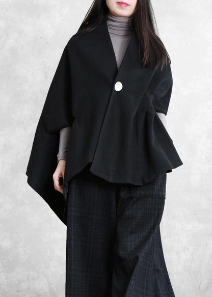 Loose Black Wool Blouse V Neck Short Asymmetric Shirt