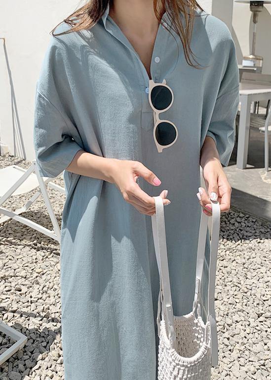 Loose Blue Cotton Linen Robes V Neck Side Open Long Dresses
