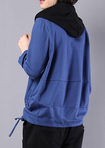 Loose Blue Cotton Linen Tops Hooded Oversized Autumn Short Coat