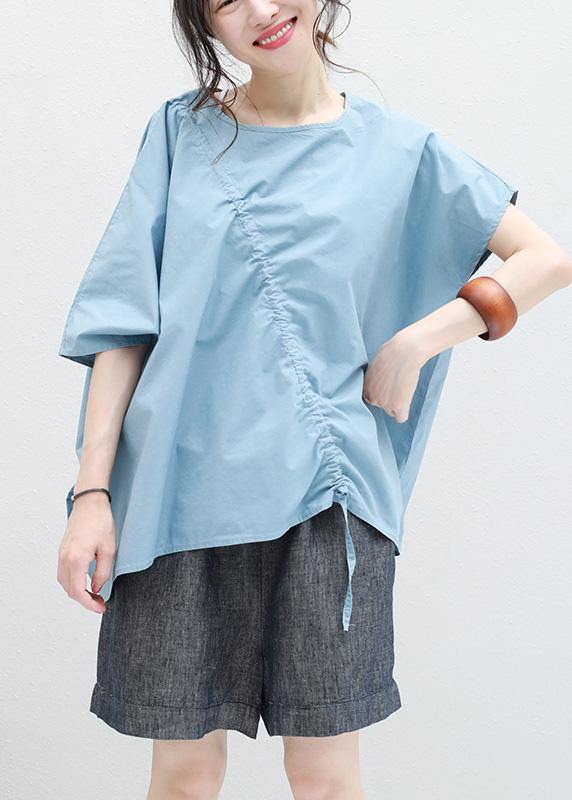 Loose Blue Drawstring Cotton Tunic Top O Neck Art Summer Shirt