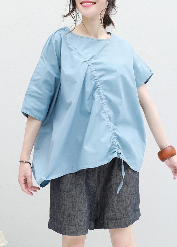 Loose Blue Drawstring Cotton Tunic Top O Neck Art Summer Shirt