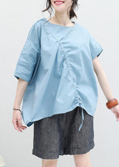 Loose Blue Drawstring Cotton Tunic Top O Neck Art Summer Shirt
