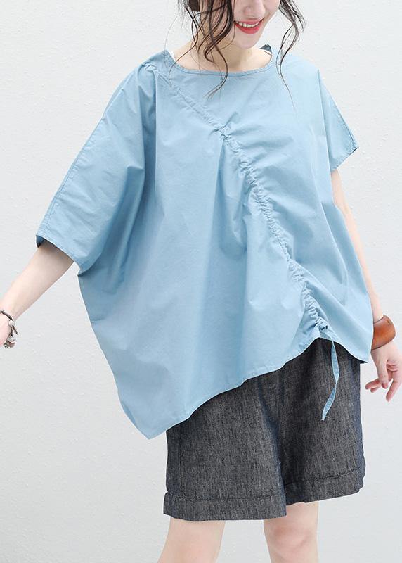 Loose Blue Drawstring Cotton Tunic Top O Neck Art Summer Shirt