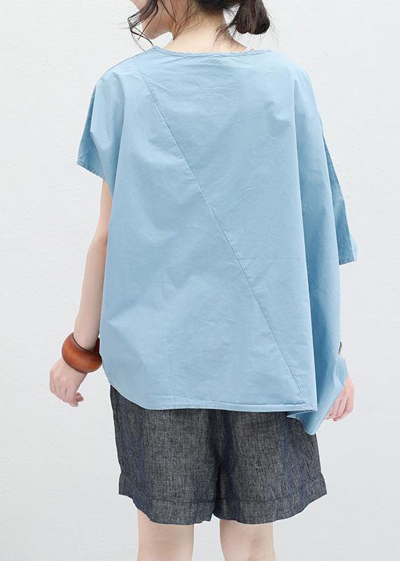 Loose Blue Drawstring Cotton Tunic Top O Neck Art Summer Shirt