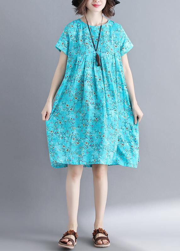 Loose Blue Dresses O Neck Cinched Loose Summer Dresses