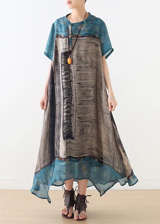 Loose Blue Gray Print Chiffon Wardrobes Korea Work O Neck Asymmetric a Line Summer Dress