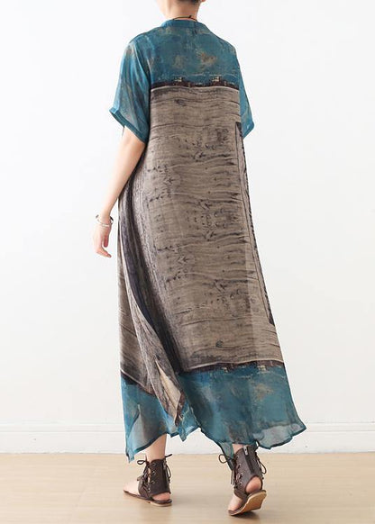 Loose Blue Gray Print Chiffon Wardrobes Korea Work O Neck Asymmetric a Line Summer Dress