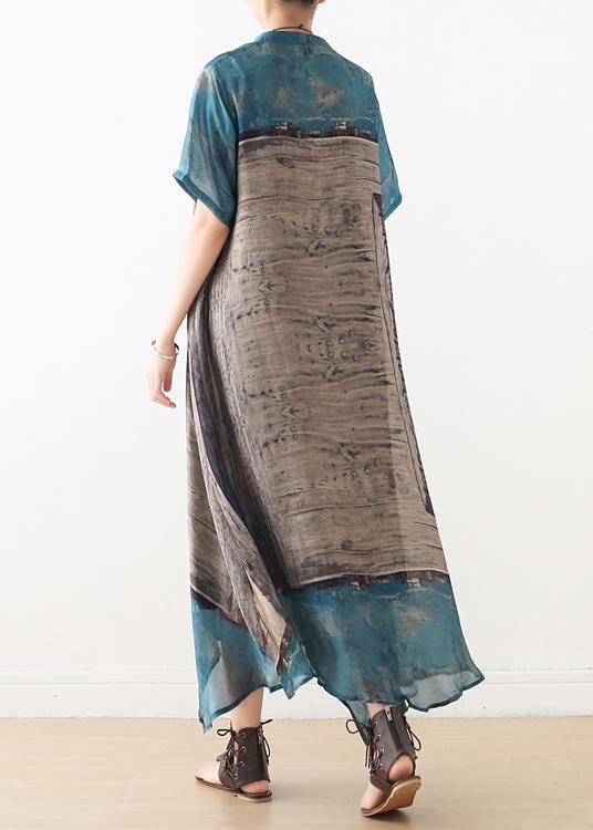 Loose Blue Gray Print Chiffon Wardrobes Korea Work O Neck Asymmetric a Line Summer Dress