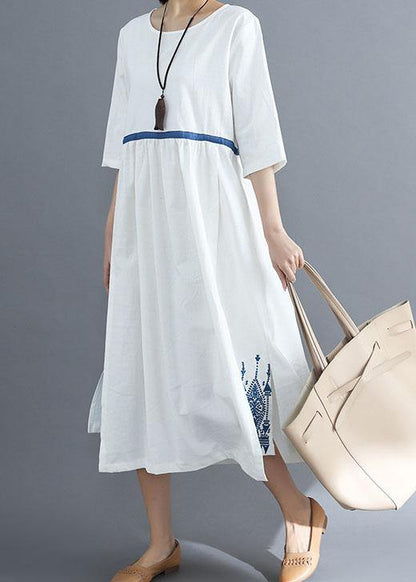 Loose Blue Linen Clothes for Embroidery Clothing Summer Dress