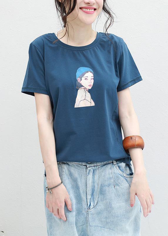 Loose Blue O Neck Cotton Clothes for Neckline Cartoon Print Blouses Summer